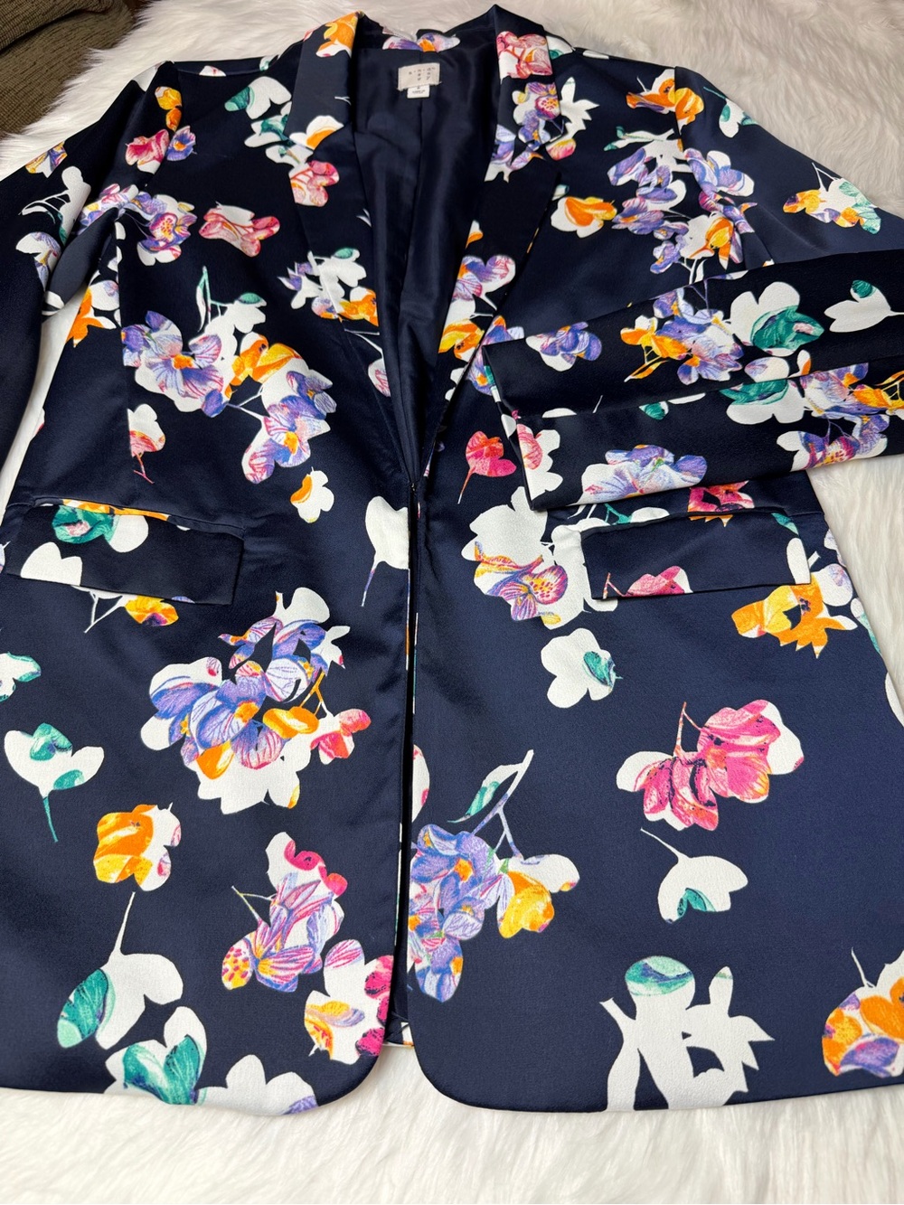 And The Why Navy Floral Satin Open Front Blazer Jacket Multicolor Print Size S - Picture 6 of 8